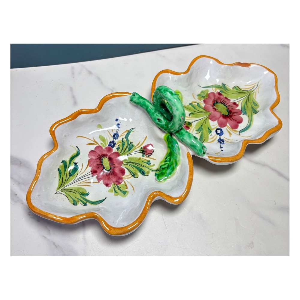 Vintage Italian Ceramic Double Leaf Candy Dish Hand Painted Floral Italy Server